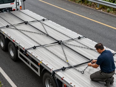 Overhead tight shot of a flatbed trailer deck being strapped and secured on a highway yard, load chains and binders in focus, a driver kneeling to check tension, overcast daylight, no staging