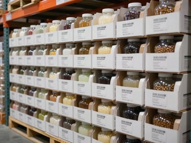 Side-angle shot of neatly stacked cartons and labeled bulk containers of beverage ingredients and concentrates on warehouse shelving, bright even lighting, institutional scale visible with multiple uniform cartons bearing product codes and batch labels