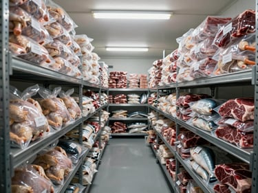 Wide environmental shot of a cold storage room with rows of labeled protein packages—vacuum-sealed poultry, beef cuts, and fish—stacked on metal shelving under bright cool fluorescent lighting, organized by product code, showing industrial-grade volume