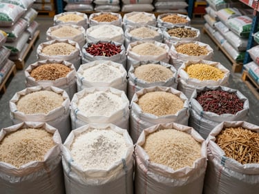 Close-up overhead shot of open bulk sacks of rice, flour, and dried grains arranged in organized rows inside a warehouse, bright even overhead lighting, institutional storage scale visible with multiple large-format bags labeled and stacked