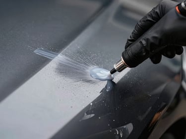 Extreme close-up overhead of a gloved hand applying liquid nano-coating to a dark car panel under studio strobe, product pooling on the surface, sharp focus on the application edge