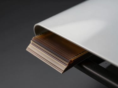 Macro studio shot of a PPF film edge being pressed onto a car panel surface, controlled strobe lighting, film layers visible in cross-section, dark neutral background