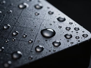 Macro studio close-up of water beading on a graphene-coated surface, droplets in sharp focus forming contact angles above 110 degrees, black background, single directional strobe