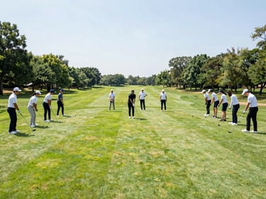 Scenic outdoor training area at the Sisga country club, green grass, bright daylight, professional corporate team building setup.