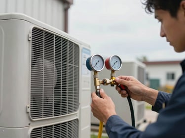 Exterior HVAC condenser unit being serviced, a technician's hands adjusting a refrigerant line with gauges attached, cool overcast daylight, unit fins and housing visible in detail