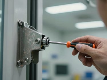 Close-up of a commercial door closer mechanism being examined, metal housing open, a technician's hand holding a screwdriver near the hydraulic arm, cool fluorescent facility lighting