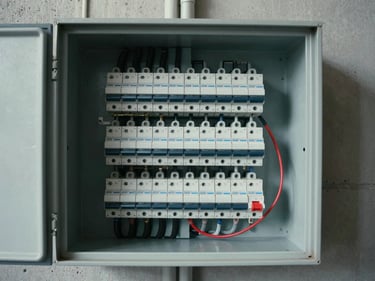 Wide-angle view of an open residential electrical panel under cool daylight, circuit breakers labeled in rows, a voltage tester clipped to one breaker, concrete wall background
