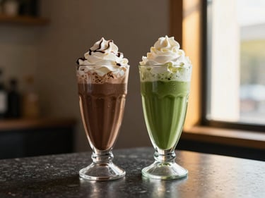 Wide shot of two tall frappé glasses side by side, one chocolate mocha and one matcha green, whipped cream peaks, condensation on glass, golden window light from the right, dark counter surface