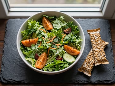 Top-down overhead of a fresh salad bowl and two nutrition snack bars arranged on a slate surface, bright natural window light, emerald greens and orange elements visible, dark background