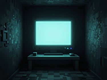Full game screenshot at native resolution showing a pixel art horror exploration game, dark corridor lit only by a flickering monitor screen, deep shadow, monochrome with cyan tint