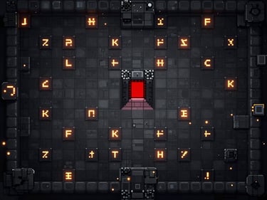 Full game screenshot at native resolution showing a top-down pixel art dungeon crawler, dark stone floor with scattered glowing runes, monochromatic palette except for a single red doorway