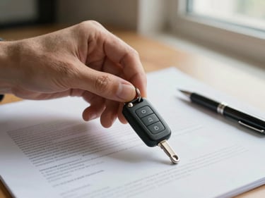 Overhead close-up of a hand holding a set of car keys over a document on a table, pen resting beside it, warm daylight from a nearby window