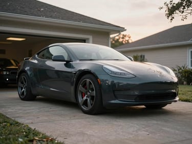Wide shot of a non-running car parked on a driveway with flat tires and dusty windshield, overcast morning light, environmental framing showing the garage behind it
