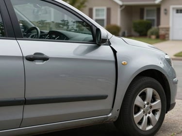 Close-up of a heavily dented car door and crumpled quarter panel in a residential driveway, daylight, functional documentary framing