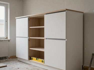 Kitchen cabinetry mid-installation in a residential space, units stacked against a plastered wall, a fitter's level resting on the worktop, overcast site daylight