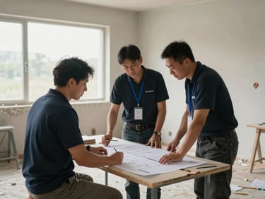Wide shot of a site coordination meeting — two workers reviewing a printed schedule on a makeshift table inside a partially renovated room, natural light through a window, no posed smiles