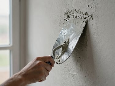 Close-up of a plasterer's trowel spreading render across a wall, fresh grey plaster texture visible, natural daylight from a window to the left