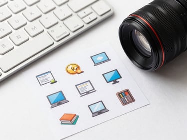 Overhead flat-lay of a keyboard and Office productivity app icons printed on card stock, white background, bright studio lighting