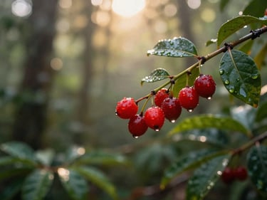 Bright red camu camu berries on a branch, covered in morning dew, soft focus background of the Amazonian forest, morning light, 35mm.