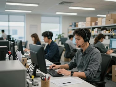Wide shot of a busy retail back office, a team member on a headset at a cluttered but organized desk, stock shelves visible behind, even cool fluorescent and window light, mid-transaction moment