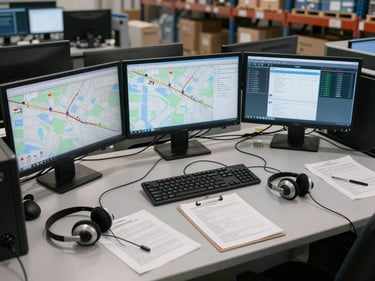 Wide overhead shot of a logistics dispatch desk with multiple screens showing route maps and call queues, headsets resting on the surface, cool warehouse-adjacent lighting, papers and clipboards mid-shift