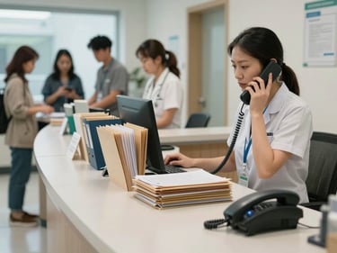 Wide environmental shot of a healthcare-adjacent clinic reception desk, organized file folders and a phone handset, neutral cool daylight, front desk staff mid-call with a patient queue visible behind