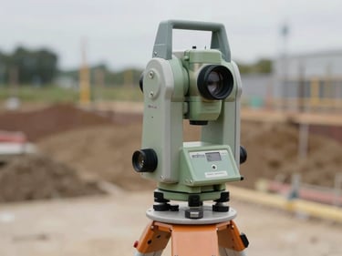 Close-up of a total station prism reflector mounted on a survey pole, construction site terrain visible behind, overcast natural light, instrument detail sharp against blurred earthwork background