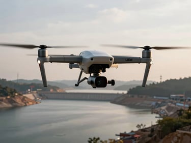 LiDAR-equipped drone in flight low over a body of water near a dam construction site, late afternoon light, shoreline terrain visible below, rotor arms and sensor pod in focus against overcast sky