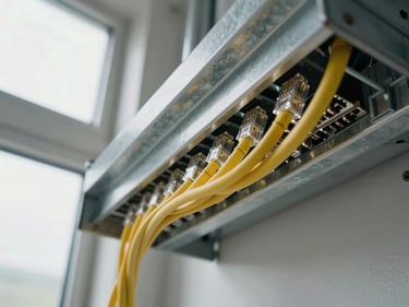 Network cable runs neatly bundled and routed through a metal conduit tray inside a facility ceiling, patch panel visible at the far end, clean daylight from a high window, close-up showing installation quality