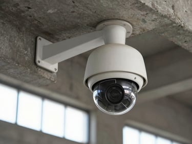 Close-up of a dome CCTV camera mounted on a warehouse ceiling bracket, concrete structure visible behind, natural daylight from high windows, sharp equipment detail