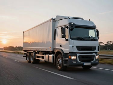 Heavy commercial truck traveling on a highway at sunrise, professional driver perspective