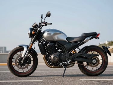 Modern motorcycle parked on an urban asphalt road, clear sky, sharp details