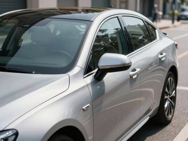 Close-up of a modern sedan parked on a clean city street, bright daylight