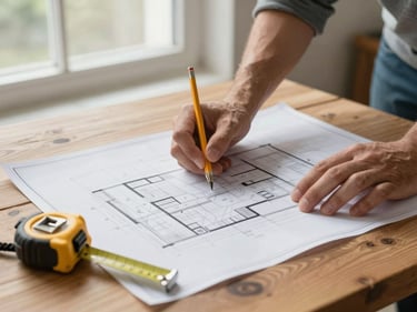 Hands reviewing renovation blueprints on a wooden table, natural window light, pencil and measuring tape alongside
