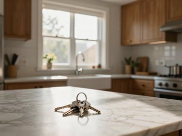 Sunlit kitchen of a newly finished home, warm natural light through open window, clean countertops, a set of house keys on the marble surface