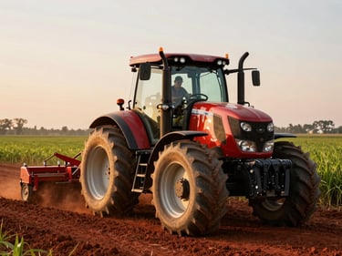 Agricultural tractor working a field at golden hour, red soil and green crops in background, operator visible in cab, warm late-afternoon light raking across machinery