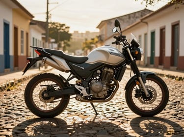 Motorcycle parked on a sunlit street, warm golden hour light, cobblestone background in a Brazilian town