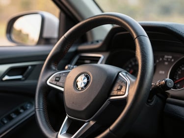 Close-up of a car steering wheel and dashboard interior, warm window light, leather detail visible