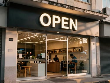 New storefront on a Brazilian commercial street, open sign lit, owner visible inside, warm afternoon light through glass