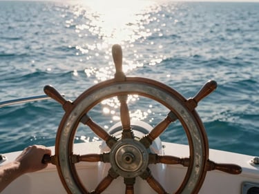 Boat helm viewed from behind, calm blue water ahead, hands resting on wheel, warm afternoon sun glinting off the water surface