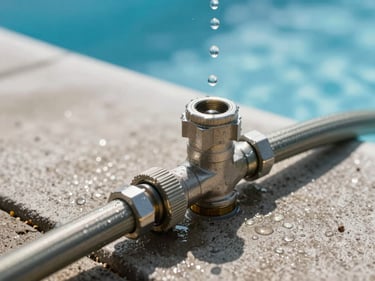 Close-up overhead shot of a garden hose being connected to a pool pump fitting on a concrete pad, bright morning sunlight, droplets of water mid-air, blue pool visible in background