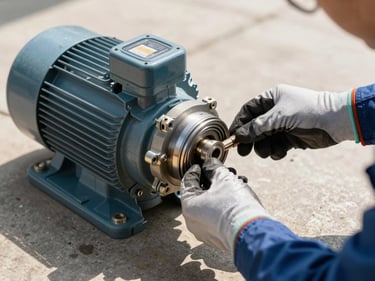 Close-up of a pool pump motor and filter housing on an equipment pad, a technician's gloved hand inspecting a fitting, sharp midday sunlight casting short shadows