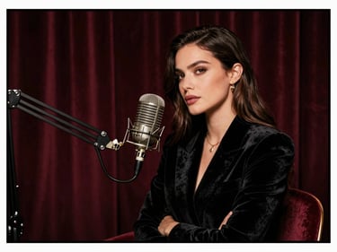Studio podcast haut de gamme avec micro vintage, lumières chaudes, velours, une femme élégante en train d'enregistrer.