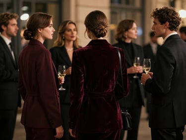 Scène de networking chic, femmes et hommes élégants interagissant, arrière-plan flou de ville nocturne, ambiance exclusive.