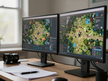 Testing rig with two monitors showing a top-down RPG map, notes and a pen resting on a desk, natural window light from the left