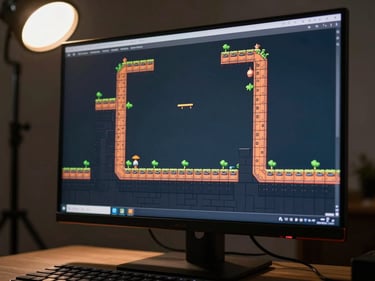 Close-up of a monitor displaying a 2D platformer game level under warm overhead studio light, keyboard partially visible at frame bottom