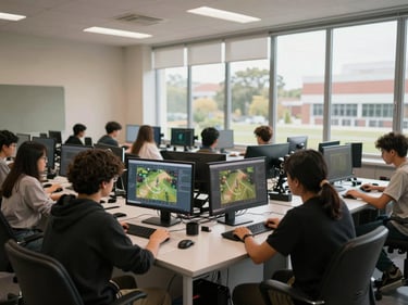 Wide shot of an IFRN classroom with students at workstations, monitors showing game build screens, natural daylight through tall windows