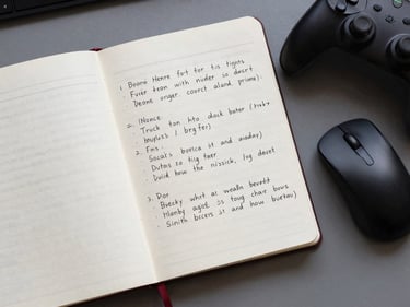 Overhead shot of a desk with a notebook open to hand-written bug notes, a mouse, and a game controller, daylight from above