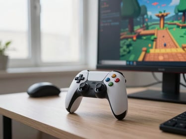 Testing setup with a game controller resting on a desk, monitor showing a 3D platformer environment, soft natural window light