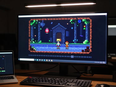 Monitor screen displaying a pixel-art horror game scene, testing environment with dim overhead light and notebook beside keyboard